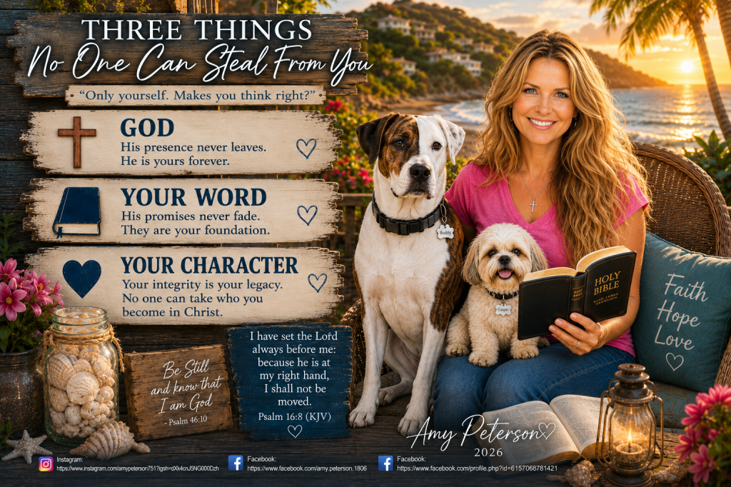 A woman with long hair smiles while sitting on a chair at a beach, holding a Bible. She has two dogs beside her, one being a larger breed and the other a small breed. The scene includes a sunset in the background and decorative elements like flowers and a lantern.