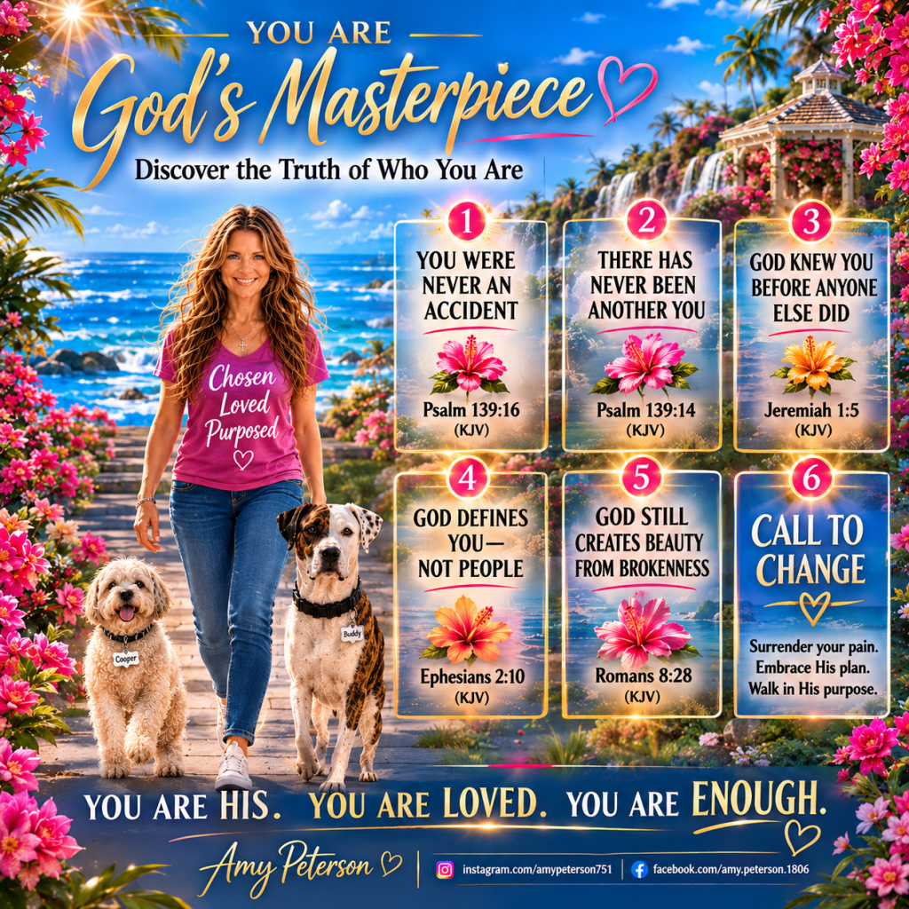 A woman standing by a scenic beach with two dogs, holding signs displaying positive affirmations about identity and purpose. The background features lush flowers and a serene landscape, emphasizing themes of love and self-worth.