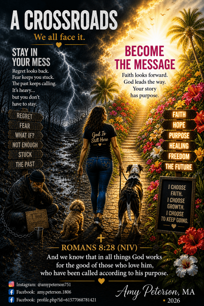 A motivational graphic titled 'A Crossroads' featuring themes of faith, hope, and purpose. The left side shows dark, stormy imagery representing regret and fear, while the right side depicts a bright, hopeful path with tropical plants. Text highlights the importance of moving forward and emphasizes a Bible verse, Romans 8:28.