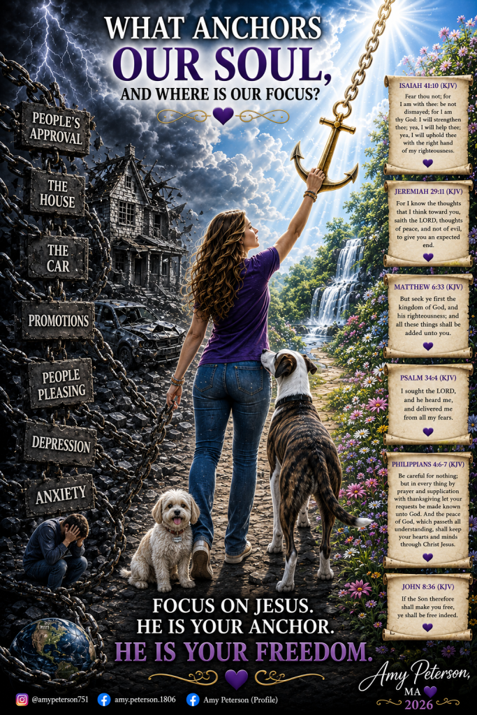 A woman standing in a natural landscape, holding a large anchor, surrounded by flowers and a waterfall, with a small dog beside her. The design includes text about focus, faith, and scriptures related to peace and freedom.