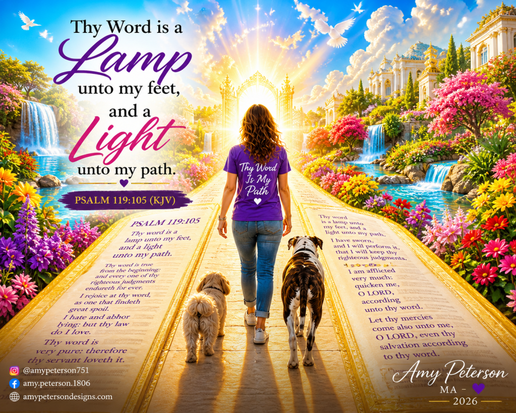 A woman walking a dog on a path with vibrant flowers and waterfalls, featuring the text 'Thy Word is a Lamp unto my feet, and a Light unto my path' from Psalm 119:105.