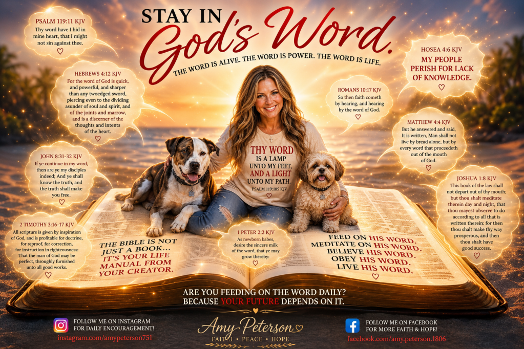 A woman with long hair sits on an open large book, surrounded by two dogs. The book features various biblical verses emphasizing the power and importance of God's Word. The background is illuminated with a warm glow, creating an inviting and serene atmosphere.