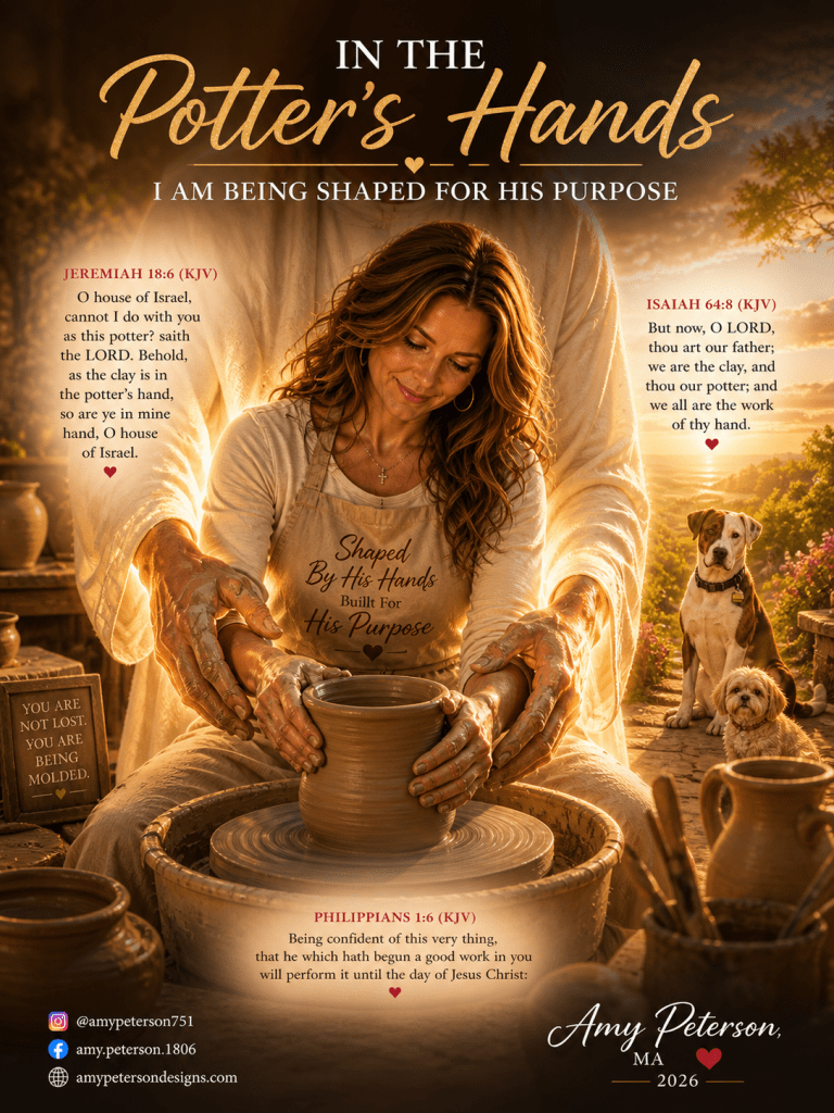 A woman shaping clay on a pottery wheel, surrounded by pottery tools and a serene outdoor setting, with inspirational text and Bible verses integrated into the image.