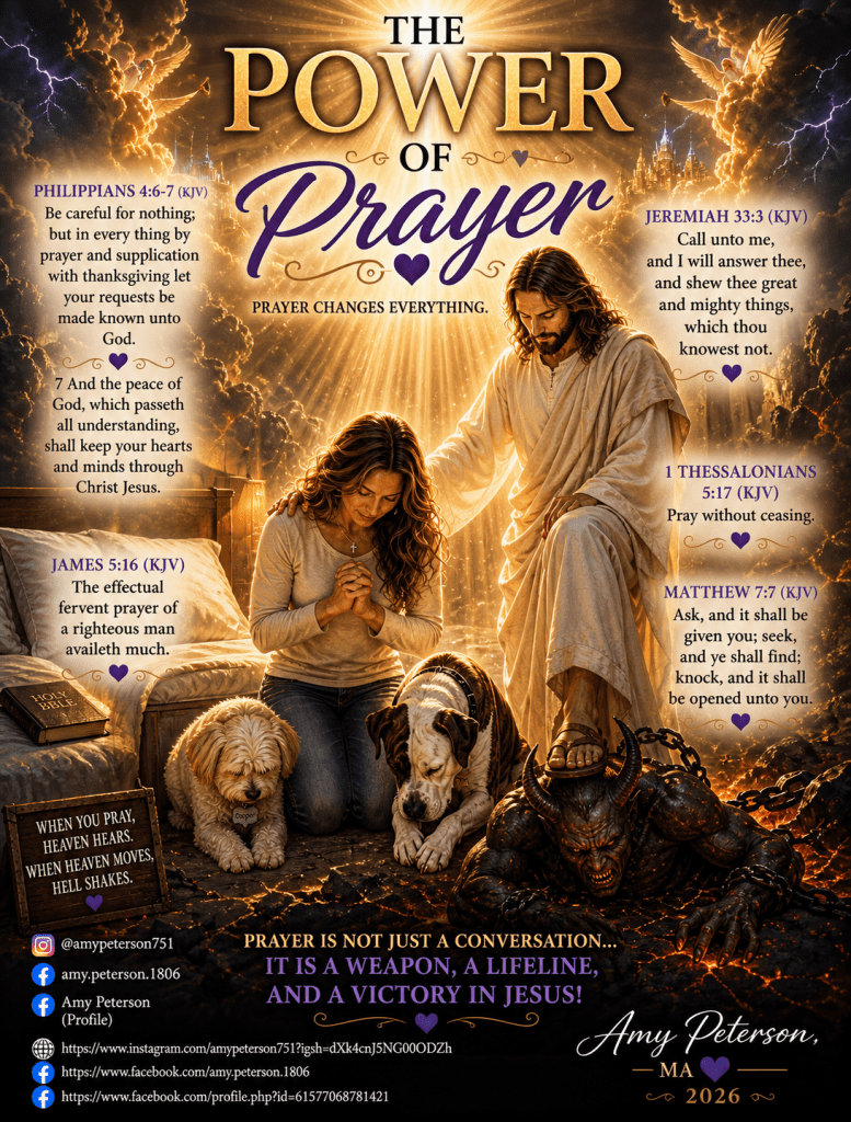 A visual representation of the power of prayer, featuring a woman and Jesus in prayer with a backdrop of heavenly light and dark figures symbolizing spiritual struggle. The image includes biblical verses and motivational text about the impact of prayer.