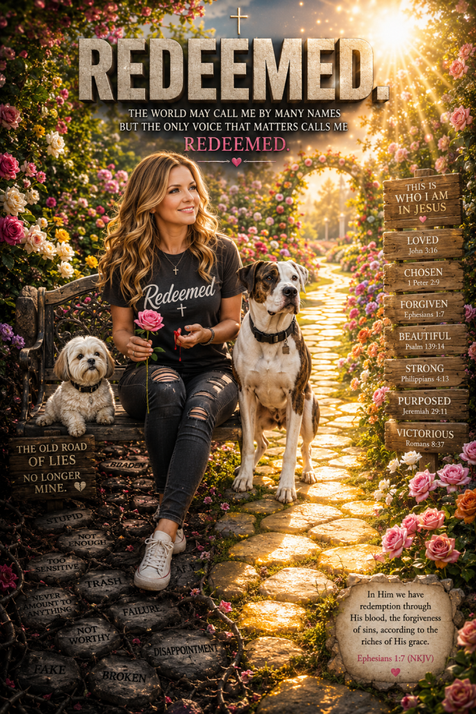 A smiling woman in a 'Redeemed' t-shirt sits on a stone path surrounded by flowers, holding a flower and flanked by two dogs. Inspirational text about identity and redemption is displayed prominently in the background.