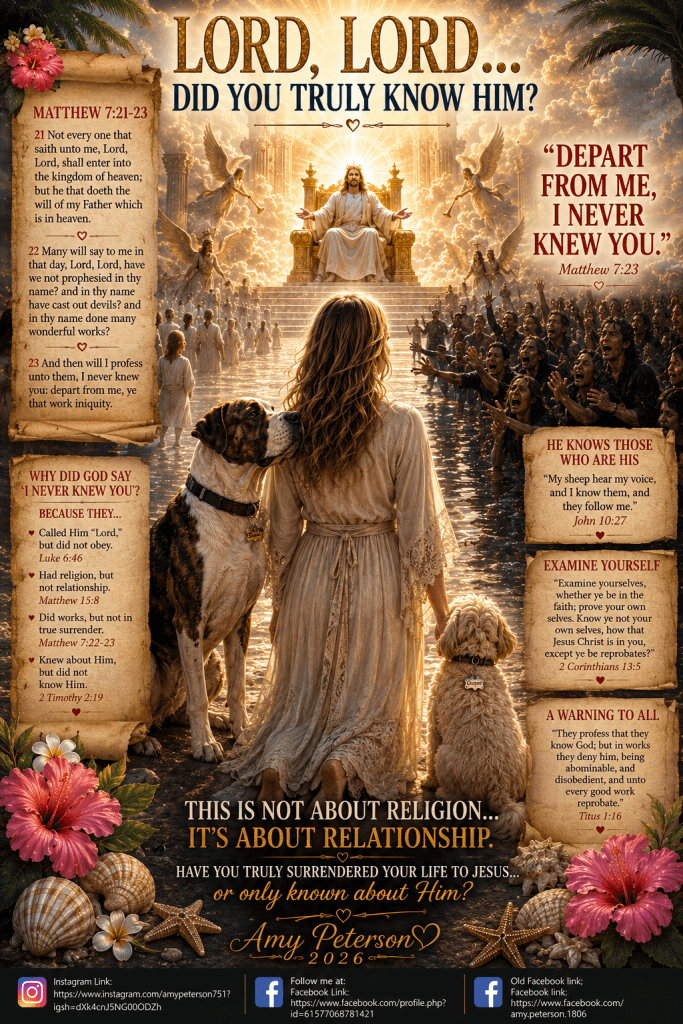 A woman standing before a radiant scene, with her two dogs, reflecting on the theme of spiritual relationship versus religion. The image includes biblical references and inspirational text focusing on knowing Jesus.